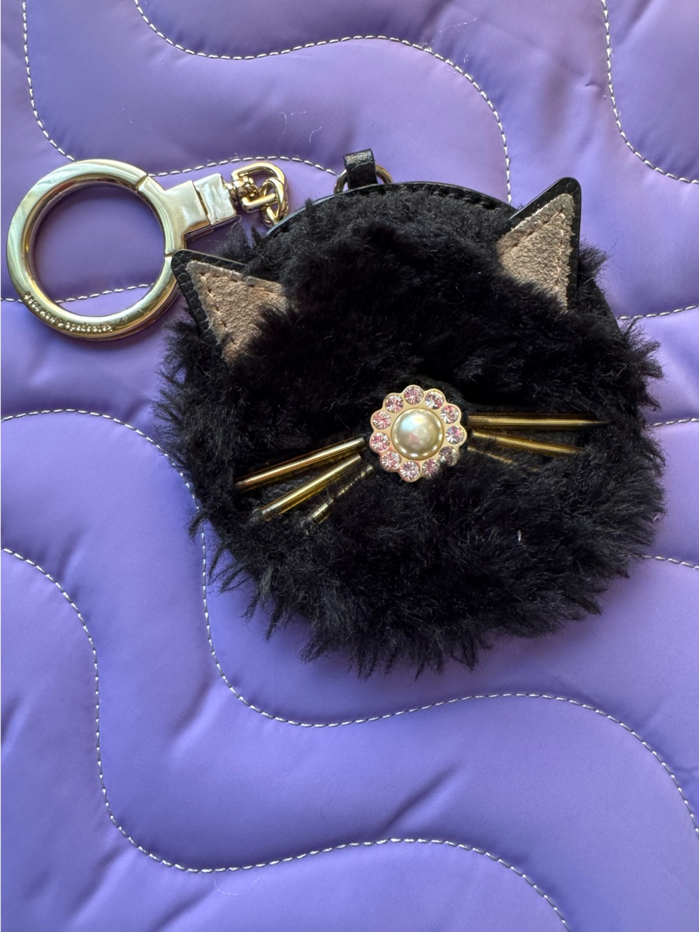 Kate Spade Black Faux Fur Cat Bag Charm Novelty Keychain Playful Accessory